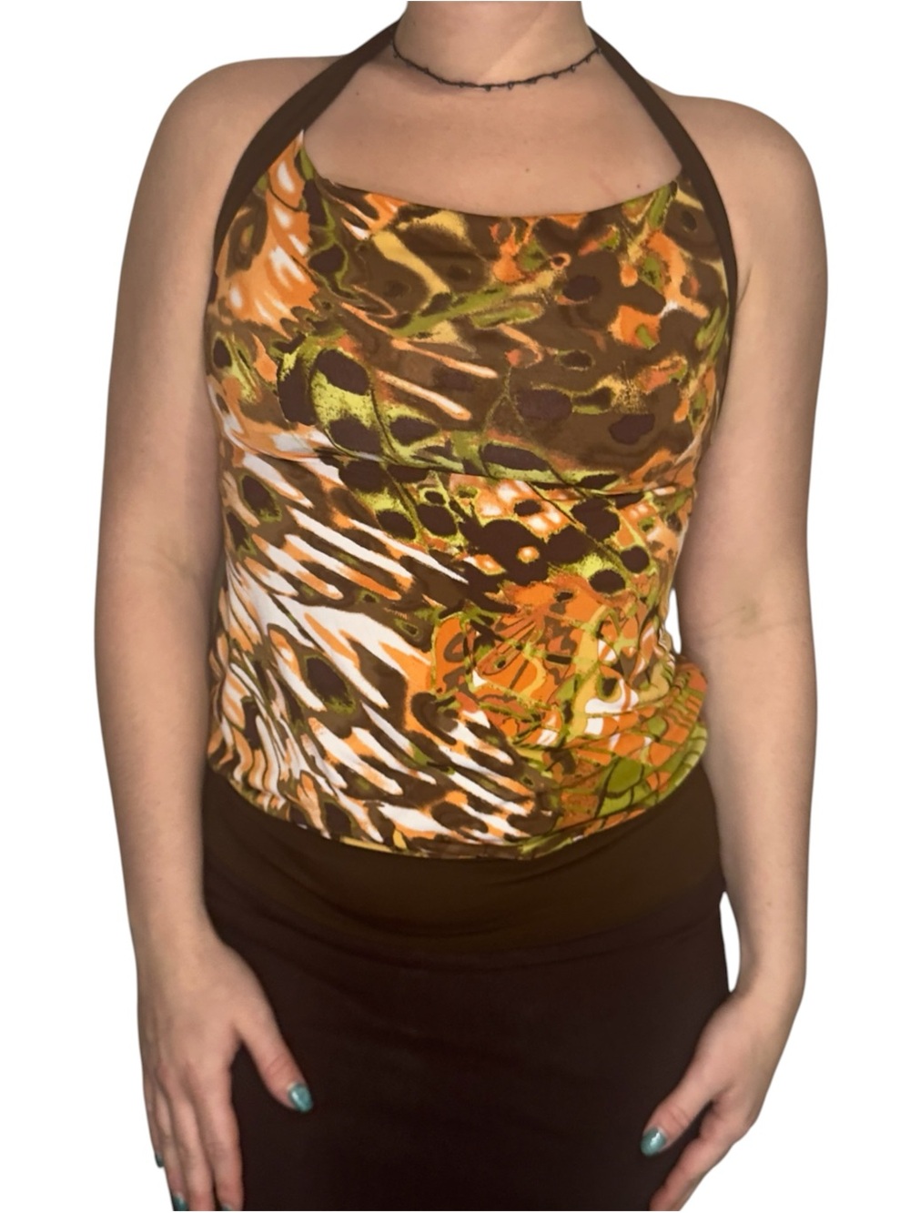 Y2K Brown & Orange Animal Print Halter Tank Top